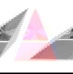 Striking Dichroic Glass Pyramid in Original Box: Striking Dichroic Glass Pyramid in Original Box. Fascinating play of light, color, and reflection throughout. Box has the company logo on the cover, serial # CRY-CUB-VO2. Condition: Gr