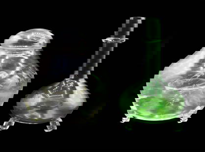 (1) Mitchell Gaudet (Born 1962) American, Blown Art Glass Item & (1) Fly Catcher: Mitchell Gaudet, (Born 1962) American, (1) Studio Inferno Blown Art Glass Item and (1) Fly Catcher. One is a fly catcher with a lid and cameo bamboo shapes on the sides, unsigned. The other is a rich