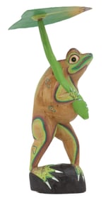 Indonesian Folk Art Whimsical Hand Carved and Painted Wood Frog Sculpture