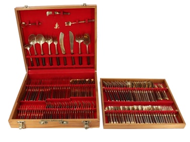 Thai Gilt Bronze and Rosewood 144 Cutlery Piece Flatware Set in Box