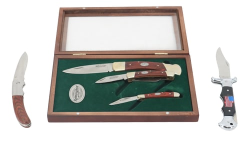 Collection of (5) Folding Pocket Knives Including Display Case
