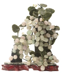 Miniature Hardstone and Jadeite Tree Sculpture with Carved Wood Base
