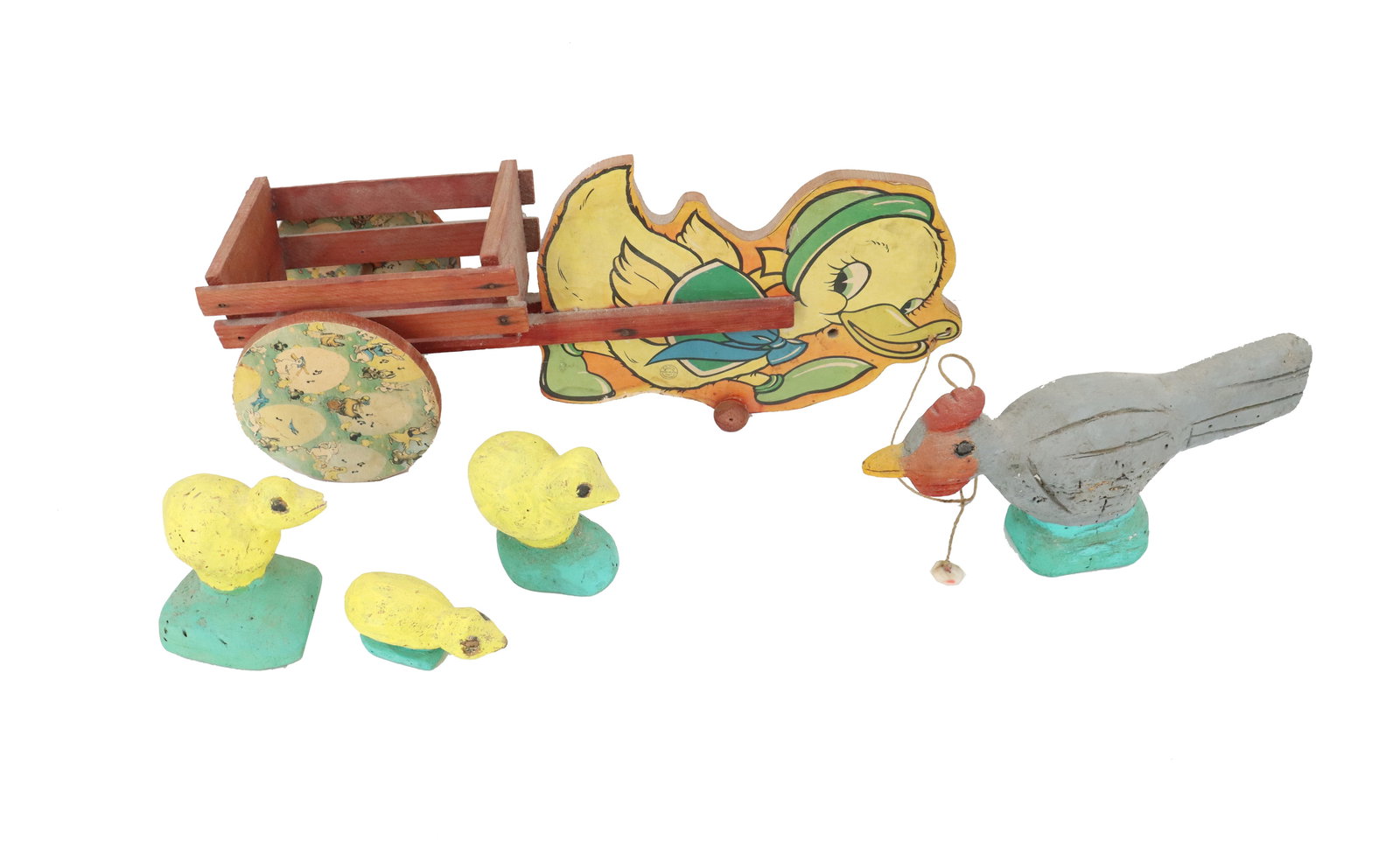 Group of 5 Toys including N. N. Hill Brass Co. Easter Pull Toy and Chicks: Group of 5 Toys including N. N. Hill Brass Co. Easter Pull Toy and Chicks. The Chicks have a Mexico Tag on the bottom. Condition: Commensurate with age. Size (Largest): 21 x 7 x 8 1/4