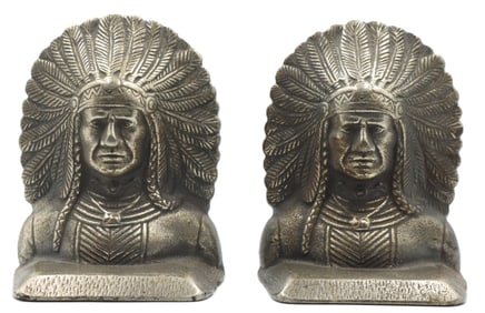Matching Pair of Cast Metal Native American Chief Bookends