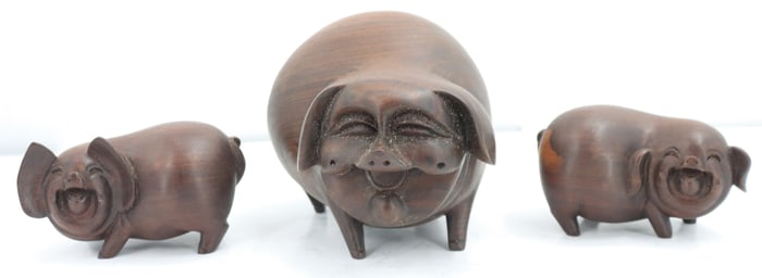 (3) Chinese Carved and Polished Sandalwood Happy Lucky Pigs