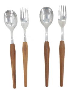 4 Teak and Stainless Steel Serving Utensils: 4 Teak and Stainless Steel Serving Utensils. Sleek Danish Modern design, two forks and two spoons. Marked stainless near the necks. Condition: Good. Longest Size: 10 in. Danish