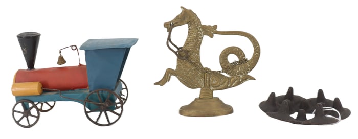 (3) Vintage Miscellaneous Metal Items - Toy Train Engine, Candle Holder, Hippocampus