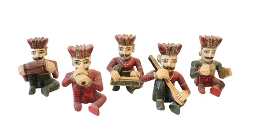 Set of 5 Rajasthani / Indian / Kashmiri Wooden Bawla Musicians Statues