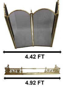 Group of Fireplace Items, Screen and Brass Fender Floral Pattern