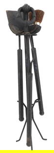 (4) Piece Fireplace Iron Tools Set: (4) Piece Fireplace Iron Tools Set. Includes stand, tongs, shovel, and brush.&nbsp; Condition: Commensurate with age.&nbsp; Base Size:&nbsp;7 x 9 x 39 in.&nbsp; A fire iron is any metal instrument for