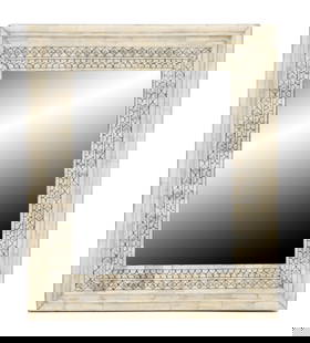 Multi-Directional Hanging Wall Mirror: Multi-Directional Hanging Wall Mirror. White sides with Indian-inspired designs surrounding the mirror surface. Hangers embedded in the back of the mirror to allow it to be hung vertically or horizont