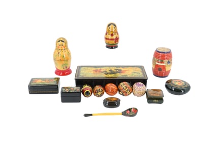 (17) Russian Folk Art Pieces Including Matryoshka Dolls, Lacquered Boxes, and Easter Eggs
