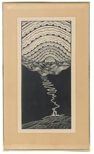 Betsy Lagana (20th/21st Century) American, Surrealist Linoleum Block Print: Betsy Lagana (20th/21st Century) American, Linoleum Block Print. Titled "Seahorse at Sunrise". Surrealist linocut print of a seahorse in the darkness of the ocean, beneath a glorious sunrise