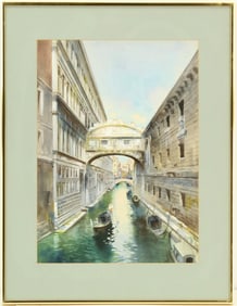 Watercolor Cityscape, Venetian Canal with Gondola