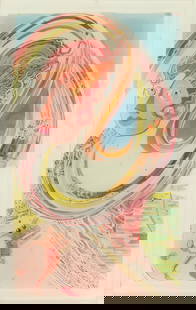 Surreal Figural Silk Print: Surreal Figural Silk Print. An illustration printed on silk of a woman's genie-like female presence swooping through the air with a dog, standing on its hind legs, reaches for her. Initialed UNRP lowe