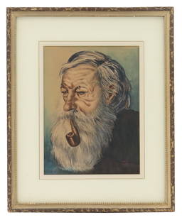 Signed Klem (20th Century) American, Oil on Canvas Portrait of a Wizened Man: Signed Klem (20th Century) American, Oil on Canvas Portrait of a Wizened Man. Oil on canvas realist portrait of a wizened gentleman with a heavy white beard, smoking a pipe. Signed lower