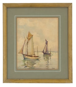 Signed Marc Watercolor on Paper Seascape with Sailboats