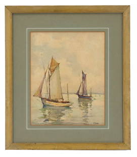 Signed Marc Seascape with Sailboats Print: Signed Marc Seascape with Sailboats Print. Illustration of two sail boats on a calm sea. Signed lower right. Framed.Condition: Foxing.Overall Frame: 13 x 15 x 1 in. Sight Size: 8 x 9 1/2 in.