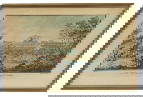 Giuseppe Zocchi (c. 1711-1767) Italian, Framed Engraving Print: Giuseppe Zocchi (c. 1711-1767) Italian, Framed Engraving Print. Depicts a sweeping view of an Italian town with people around a river and bridge in the foreground. Signature printed below image bottom