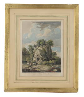 1796 Hand Colored Print of Italian Ruins Scene: 1796 Hand Colored Print of Italian Ruins Scene. Depicts a crumbling tower overgrown with foliage, with a goatherder and his goats in front of it beneath a cloudy sky. Title printed middle bottom in