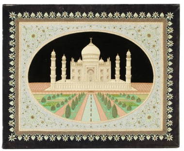 Vintage Large Indian Taj Mahal Embroidery Attached to Wall-Hanging Board: Vintage Large Indian Taj Mahal Embroidery Attached to Wall-Hanging Board. Raised image of the iconic central structure showing the southern facade with the Mughal gardens in front against a starless n