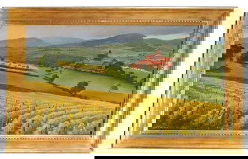 Alan Campbell (Born 1950) American, Oil on Canvas Landscape: Alan Campbell (Born 1950) American, Oil on Canvas Landscape. Oil on canvas landscape painting of a rural countryside. Signed lower right. Framed. Condition: Good. Overall Sight: 26 1/4 x 42 1/4 in.