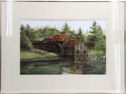 Rick Burger (20th/21st Century) Oil and Watercolor on Canvas Impressionist Landscape: Rick Burger (20th/21st Century) Oil and Watercolor on Canvas Impressionist Landscape. Mixed media painting of a water mill on a river, surrounded by coniferous trees. Signed lower left. Framed, under