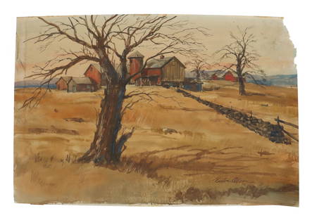 Victor Olson (1927-2007) American Rural Farm Watercolor Landscape: Victor Olson (1927-2007) American Rural Farm Watercolor Landscape. Signed and dated 1/1968. Along with being a Saturday Evening Post, Norman Rockwell Peer, Photorealism specialist, and