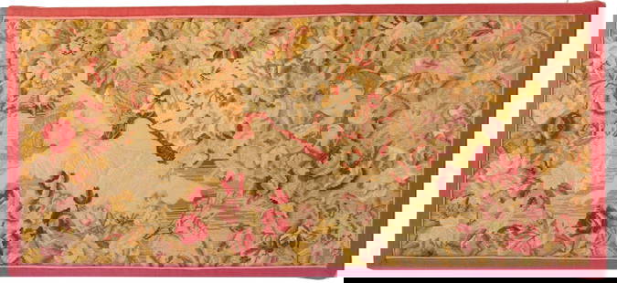 French Floral Classical Style Needlepoint Wall Tapestry: French Floral Classical Style Needlepoint Wall Tapestry. Set within a field of flowers two cherubic style figures embrace as a third figure is watching from a distance.&nbsp; Condition:&nbsp;Commensur