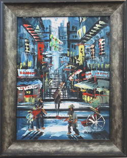 Florence Y. C. Law (21st Century) Chinese/British, Oil on Canvas Thai Market Cityscape: Florence Y. C. Law (21st Century) Chinese/British, Oil on Canvas Thai Market Cityscape. Oil on canvas city landscape depicting a Thai marketplace, with towering walls pressing in from either side on a