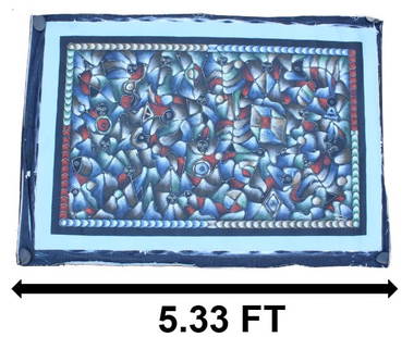 Lalanne Lemaire (20th Century) Haiti, Oil on Canvas Naif Folk Art: Lalanne Lemaire (Haiti, 20th Century) Naif Folk Art. Oil on canvas Naif folk art image depicting&nbsp;black stick figures&nbsp;amid a field of blue-grey and red patterns. Signed lower left. Unframed.&