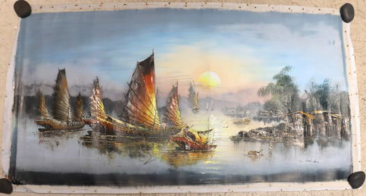 Signed Chinese Junk and Harbor Scene Unframed and Unrolled Oil on Canvas