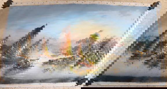 Signed Chinese Junk and Harbor Scene Unframed and Unrolled Oil on Canvas: Signed Chinese Junk and Harbor Scene Unframed and Unrolled Oil on Canvas. Depicts waterside huts and hovels on the right approached by several beautiful boats hugging the foggy coast on the left