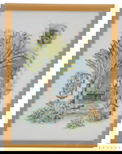 Carol Jean Green, American, Print: Carol Jean Green, American, Print. Signed near bottom. Depicts a charming and somewhat whimsical courtyard scene, in a tropical setting. Small tabby cat laying down with back towards viewer.&nbs