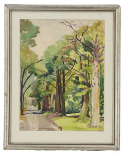 Nell Pomeroy O'Brien (1898–1966) American, Watercolor on Paper "Road Through the Hills": Nell Pomeroy O'Brien (1898–1966) American, Watercolor on Paper "Road Through the Hills". Watercolor painting of a park road, lined with trees. titled and attributed verso. Condition: Spotting. Overa