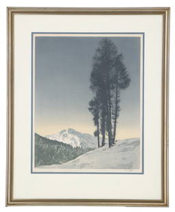 Hans Figura (1898-1978) Austrian, Signed Vertical Landscape Silkscreen Print: Hans Figura (1898-1978) Austrian, Signed Vertical Landscape Silkscreen Print. Stunning image of approaching night time with Austrian mountains in the distance and a stark set of tall pines in the fore