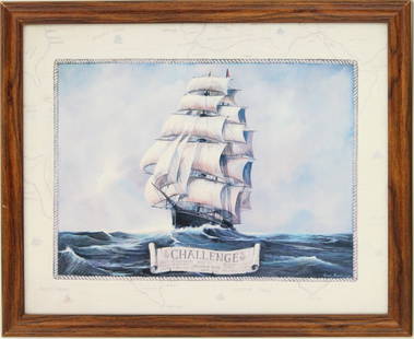 Ruane Manning (Born 1938) American, Maritime Lithograph: Ruane Manning (Born 1938) American, Maritime Lithograph. Depicts the clipper ship Challenge at full sail, with a banner painted at the bottom that gives information about the vessel and its history. T