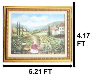 Sharie Hatchett Bohlmann (Born 1940) American, Oil on Canvas Landscape: Sharie Hatchett Bohlmann (Born 1940) American, Oil on Canvas Landscape. Original oil on canvas landscape depicting a peaceful scene of a provincial vineyard with a small table and two chairs in foregr