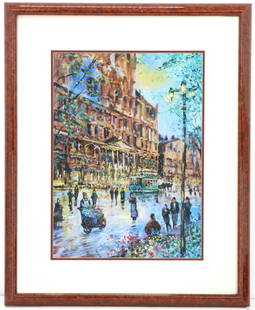 Michael Schofield (Born 1947) American, Lithograph: Michael Schofield (Born 1947) American, Lithograph. Depicts a vibrant street scene. Title stamped on the back: "'Paris II' Twin Beds." Framed. Condition: Good. Overa