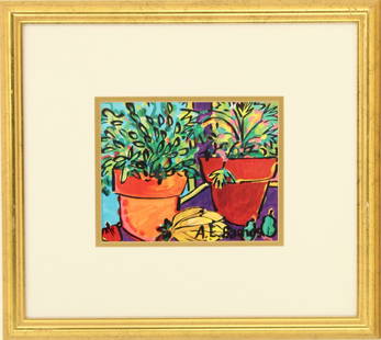A. E. Barnes (Born 1963) American, Still Life Artists Proof Lithograph: A. E. Barnes (Born 1963) American, Still Life Artists Proof Lithograph. Depicts potted plants and fruit arranged together. Signed in thick pen bottom right. Marked A/P in lighter pen bottom left, mean