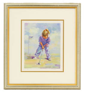 Lucelle Raad (Born 1942) British/American, Signed and Numbered Serigraph: Lucelle Raad (Born 1942) British/American, Signed and Numbered Serigraph. Shows a small girl trying to hit a golf ball with a club. Titled "Little Putter" and signed in the original ima