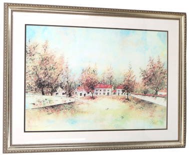 Signed Numbered Landscape Lithograph: Signed Numbered Landscape Lithograph. Titled "Fall". Pencil signed and numbered lithograph print of an autumnal landscape, a small group of buildings amid trees across a snowy clearing. Numb