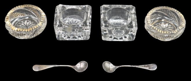(4) Glass Salt Cellars and (2) Sterling Spoons