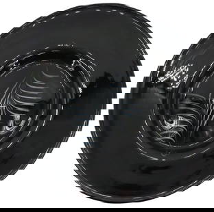 Large Black Italian Hand-Blown Murano Glass Centerpiece Plate: Large Black Italian Hand-Blown Murano Glass Centerpiece Plate. Feathery white pattern in center bowl area. Label reading &quot;made in Italy&quot; attached to the back. Signed indistinctly on back.&nb