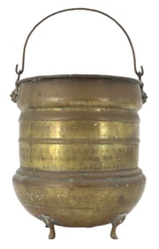 Antique Central Asian Hand-Hammered Brass Footed Cauldron with Handle