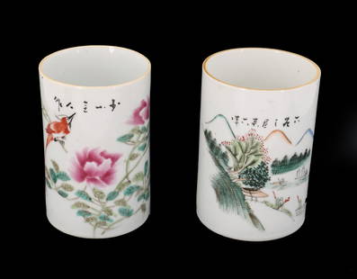 (2) Chinese Hand Painted Porcelain Brush Pots: (2) Chinese Hand Painted Porcelain Brush Pots. Pair of Chinese hand-painted porcelain brush pots, one with birds and flowers, one with mountain landscape, each with poetic verse describing the scene.