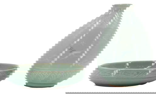 (2) Vintage Koryo Korean Celadon Pottery Pieces: (2) Vintage Koryo Korean Celadon Pottery Pieces. Marked on underside of tray. Bud vase and tray or bowl dish. Celadon color. Decorated with cranes and clouds. Condition: Commensurate w