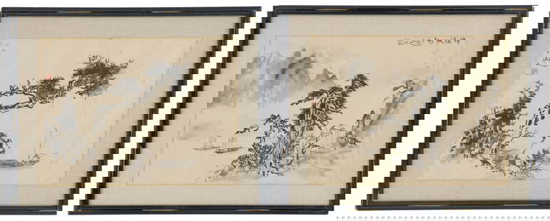 (2) Chinese Ink Wash Landscape Paintings: (2) Chinese Ink Wash Landscape Paintings. Two Chinese inkwash landscape paintings depicting rivers through mountainsides. Condition: Spotting. Overall Size: 17 1/2 x 21 1/2 in.Si