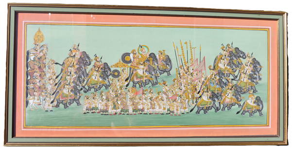 Indian Royal Procession Gouache on Silk Painting: Indian Royal Procession Gouache on Silk Painting. Figures are adorned in gold jewelry and accessories. Wearing fresh white linens. Including riders on horseback and elephants.&nbsp; Condition:&nbsp;Co