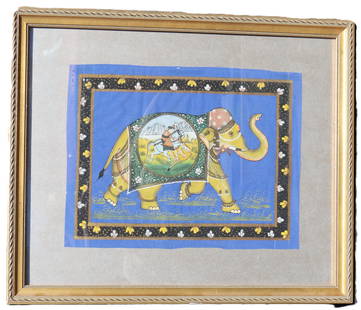 Indian Elephant Gouache on Cotton or Silk: Typically the elephants&nbsp;caparison is decorated with royal colors and patterns.&nbsp;A caparison is a cloth covering on an elephant. This particular blanket has a mounted horseback rider fighting
